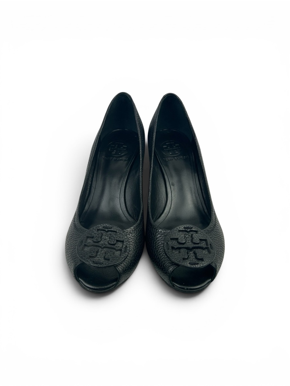 Tory Burch Black Pebbled Leather Peep-Toe Wedge Shoes - Picture 2 of 7